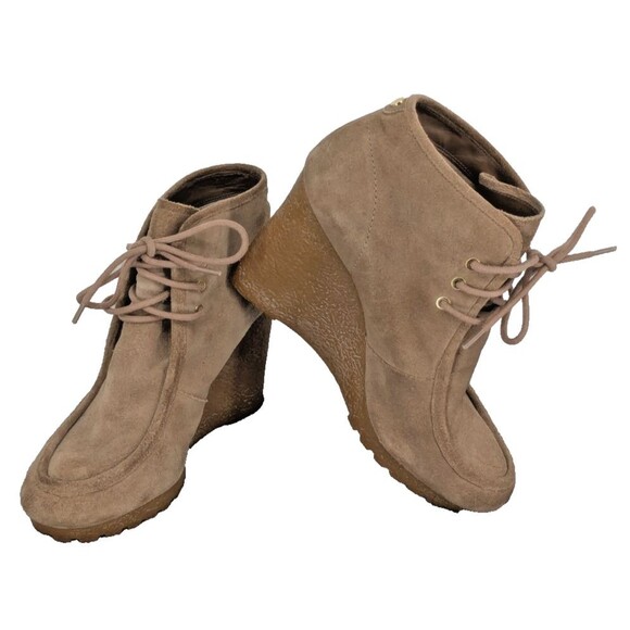 MICHAEL KORS Suede Ankle Booties SIZE 11M Fawn Wedge Tie Leather Nice - Picture 1 of 10